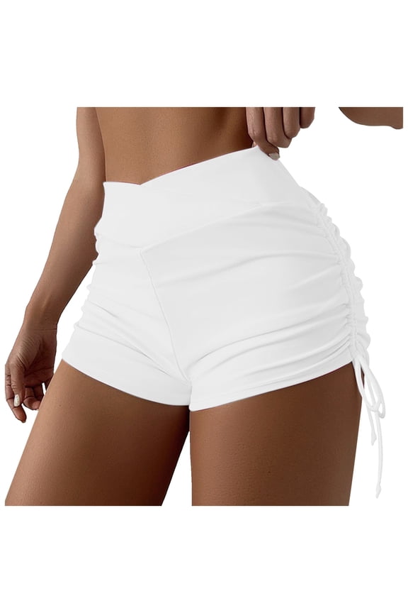 Womens Cross Side Ruche Booty Shorts Slim Fit Short Length High Waisted Swim Shorts Stretchy Sporty Yoga Shorts