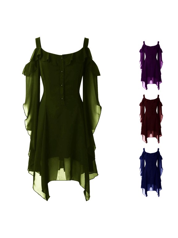 Womens Dark Fairy Gothic Theme Mini Dress Flared Bell Sleeve Uneven Hem Date Night Casual Long Dress