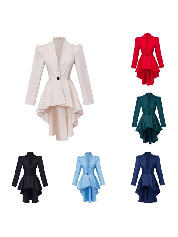Womens Dark Gothic Solid Color Blazer Dress Single Button Ruffle V Neck Flared Hem Bar Night Out Tunic Dress