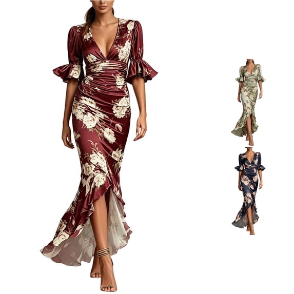 XIAOCHA Womens Deep V‑Neck Mermaid Maxi Dress Puff Flutter Short Sleeve Floral Print Ruffled Slit Party Dresses