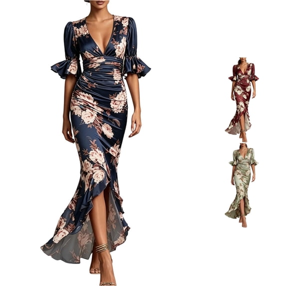 XIAOCHA Womens Deep V‑Neck Mermaid Maxi Dress Puff Flutter Short Sleeve Floral Print Ruffled Slit Party Dresses