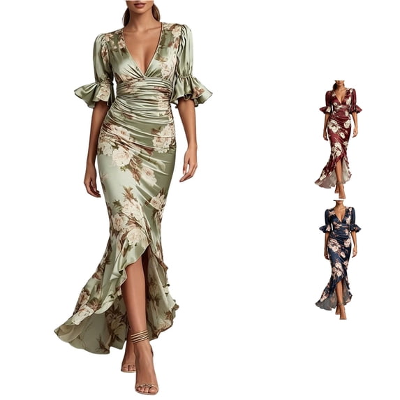 XIAOCHA Womens Deep V‑Neck Mermaid Maxi Dress Puff Flutter Short Sleeve Floral Print Ruffled Slit Party Dresses