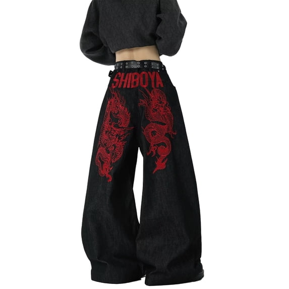 XIAOCHA Womens Dragon Embroidered Denim Pants Wide Leg Full Length High Waist Baggy Jeans Edgy Retro Street Style Trousers