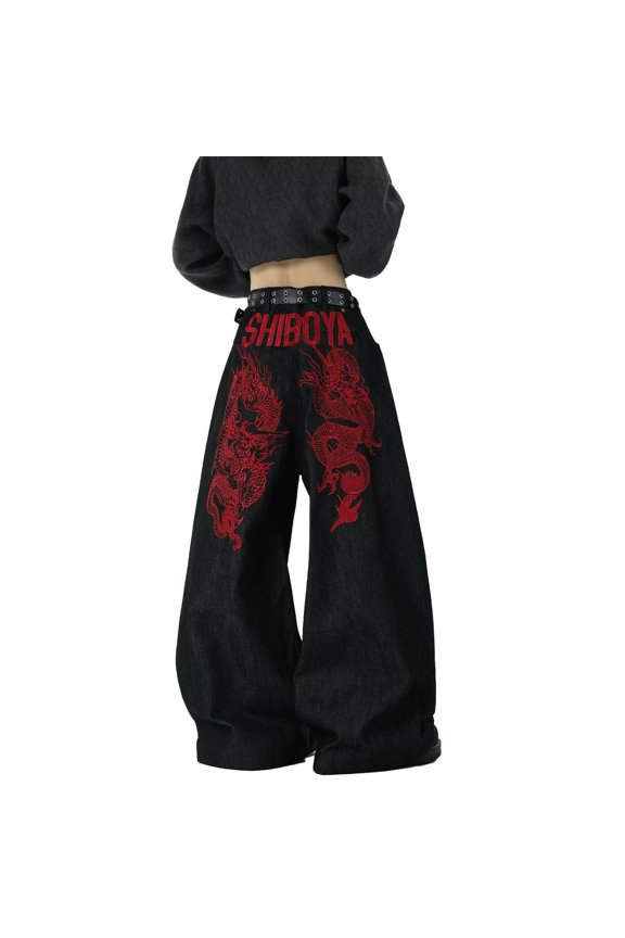 Womens Dragon Embroidered Denim Pants Wide Leg Full Length High Waist Baggy Jeans Edgy Retro Street Style Trousers