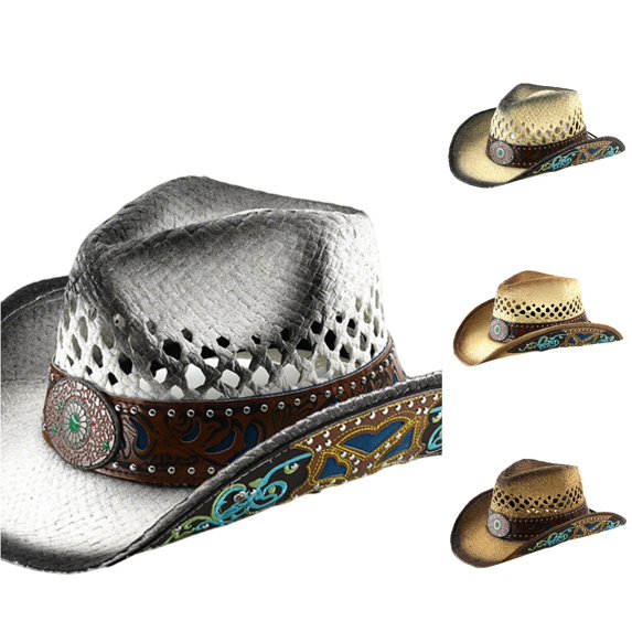 XIAOCHA Womens Embroidered Straw Cowboy Hat Breathable Structure Western Hats Outdoor Sun Protection Wide Brim Western Hat,White