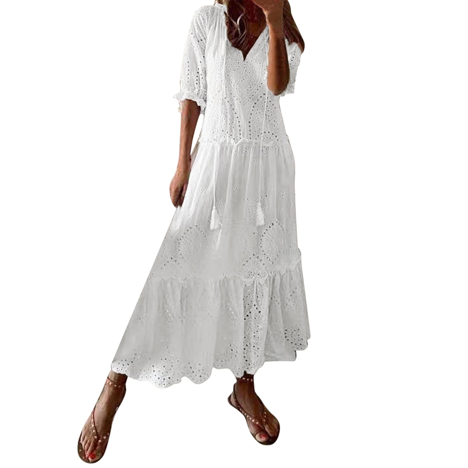XIAOCHA Eyelet Embroidered Dress for Women Loose V Neck Three Quarter Sleeves Tiered Maxi Dress Airy Boho Vacation Dresses