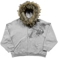 thumbnail image 1 of XIAOCHA Womens Faux Fur Collar Zip Up Hoodie Skull Graphic Distressed Street Full Zip Sweatshirt, 1 of 2