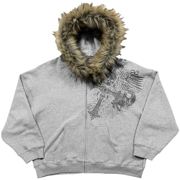 XIAOCHA Womens Faux Fur Collar Zip Up Hoodie Skull Graphic Distressed Street Full Zip Sweatshirt