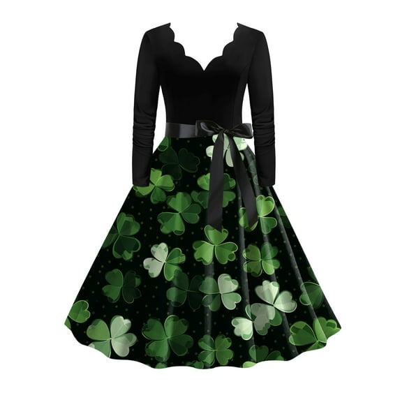 XIAOCHA Womens Floral Dress Flared Belted Long Sleeve Scalloped Neck Midi Lightweight Retro Party Dresses