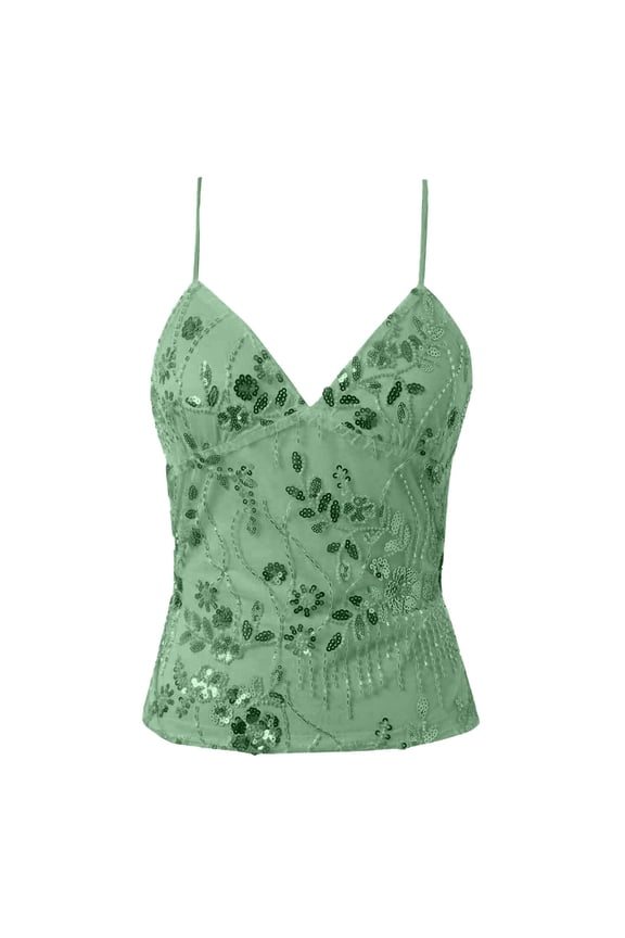 Womens Floral Embellished Spaghetti Strap Cami Sleeveless V Neck Pullover Top Sparkly Glamorous Party Camis
