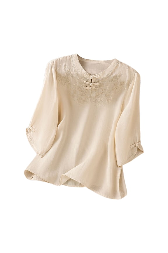 Womens Floral Embroidered Linen Blouse Three Quarter Sleeve Mandarin Collar Pullover Top Breathable Traditional Ethnic Blouses