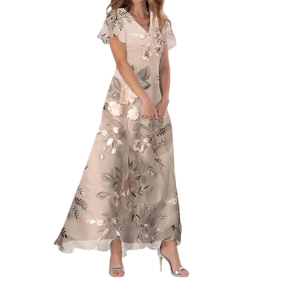 XIAOCHA Womens Floral Embroidered Maxi Dress With Flutter Sleeves V Neck Flowy Elegant Dresses