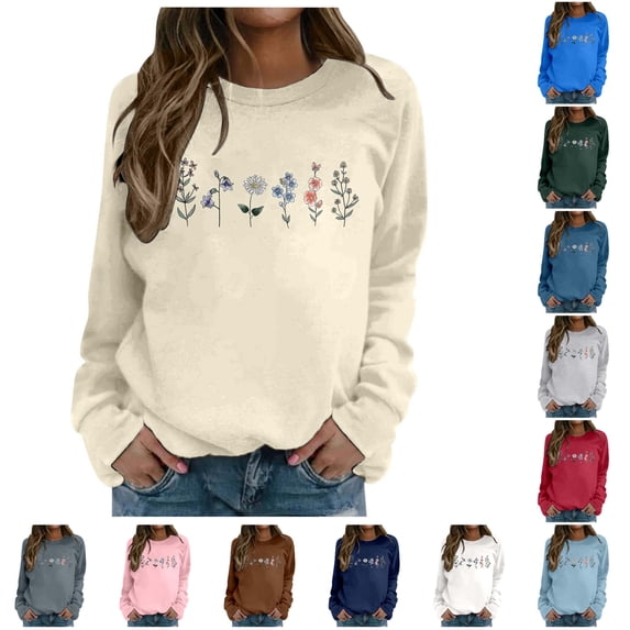 XIAOCHA Womens Floral Graphic Crew Neck Sweatshirt Curved Hem Everyday Pullover Top