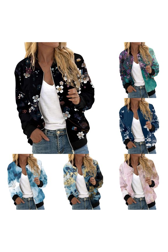 Womens Floral Print Bomber Jacket Rib Trim Daily Zip Up Outerwear Coat