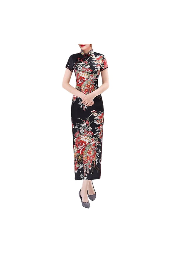 Womens Floral Printed Qipao Bodycon Slim Fit High Mandarin Collar Half Sleeve Midi Dress Silky Elegant Evening Dresses