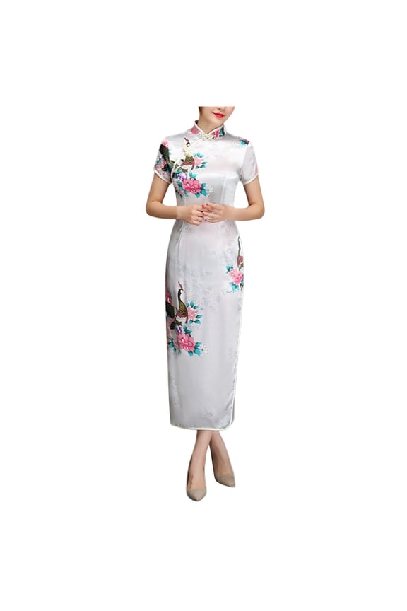 Womens Floral Qipao Dress Form-Fitting Short Sleeve Mandarin Collar Cheongsam Dress Silky Evening Dresses