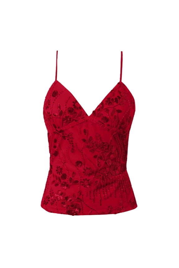 Womens Floral Sequin Cami Spaghetti Strap V-Neck Embroidered Formal Bodice Glittery Event Wear Tops