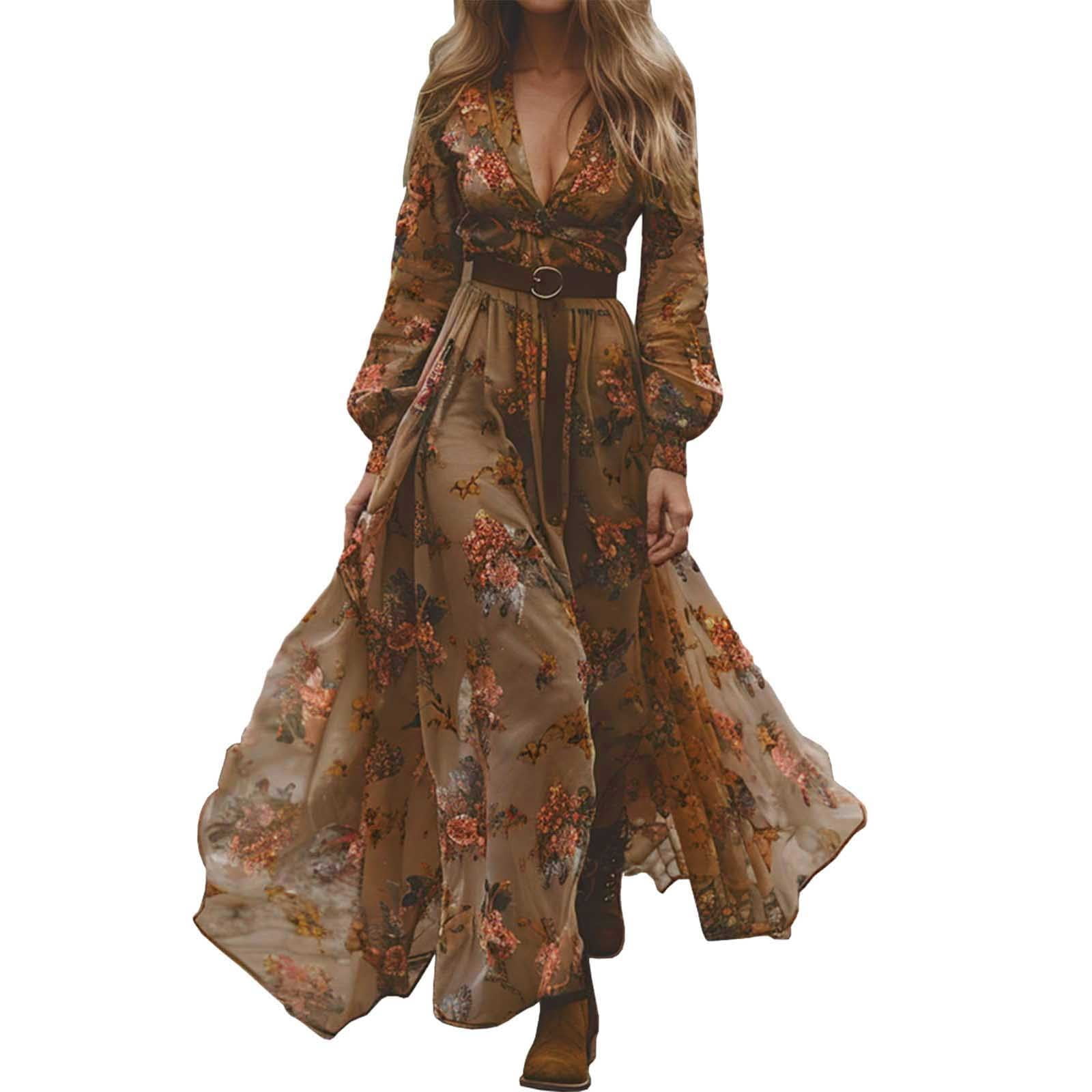 XIAOCHA Womens Flowy Floral Maxi Dress Deep V Neck Bishop Sleeve With Belted Waist Bohemian Inspired Wedding Guest Vacation Dress