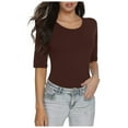 thumbnail image 1 of XIAOCHA Womens Form Fitting Elbow Sleeve Bodysuit Crew Neck Casual Daily Wear Slim Basic Shirt, 1 of 5