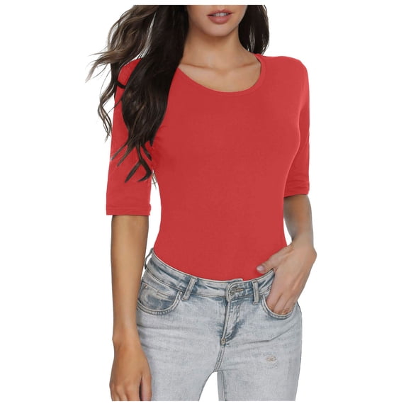 XIAOCHA Womens Form Fitting Elbow Sleeve Bodysuit Crew Neck Casual Daily Wear Slim Basic Shirt