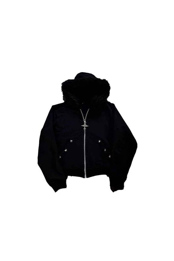 Womens Fur Trim Studded Hoodie Cropped Long Sleeve Hooded Zip Up Jacket Edgy Streetwear Street Hoodies