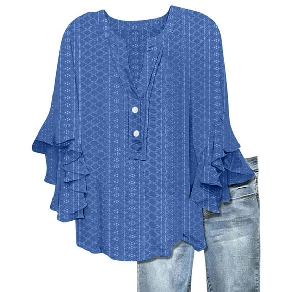 XIAOCHA Womens Geometric Print Blouse Flare Sleeve V Neck Henley Top Lightweight Boho Vacation Wear Blouses