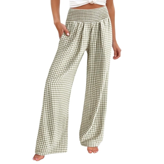 XIAOCHA Womens Gingham High Waist Wide Leg Pants Smocked Waistband Casual LoungewearFlowy Palazzo Trousers