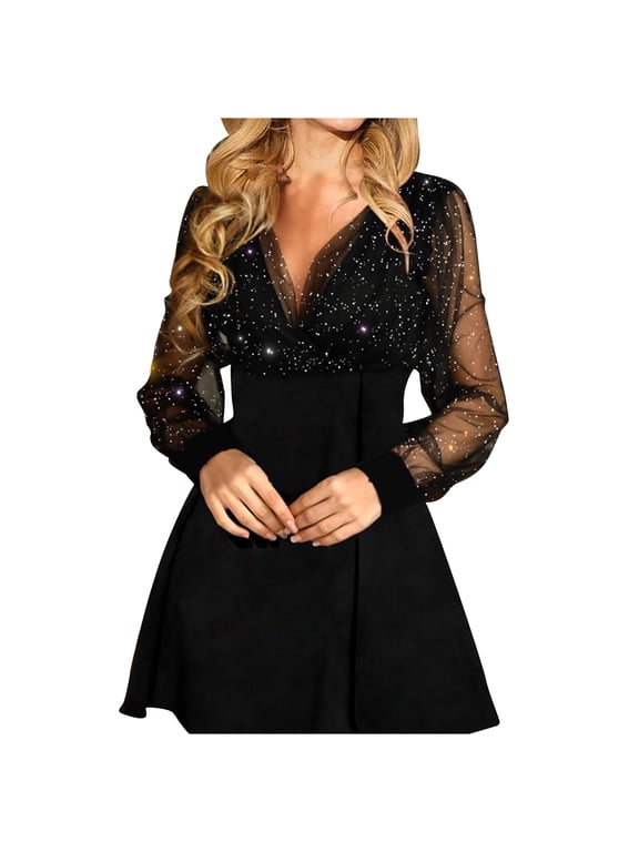 Womens Glitter Mesh Long Sleeve Mini Dress Surplice V Neck Slim Mini Dresses Club Night Semi Formal Party Gown