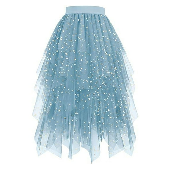 XIAOCHA Womens Glitter Tulle Midi Skirt Flared High Waisted Tiered Skirt Shiny Playful Party Skirts