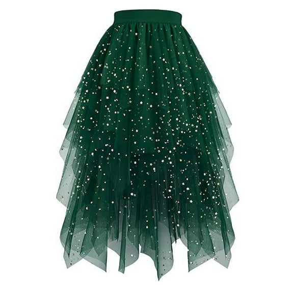 XIAOCHA Womens Glitter Tulle Midi Skirt Flared High Waisted Tiered Skirt Shiny Playful Party Skirts