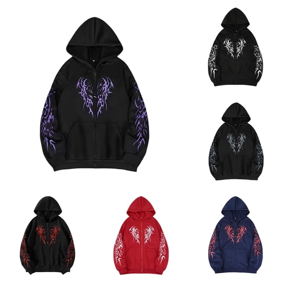 XIAOCHA Womens Gothic Graphic Zip Up Hoodie Loose Fit Long Sleeve Casual Full Zip Sweatshirt