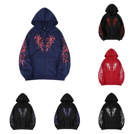 XIAOCHA Womens Gothic Graphic Zip Up Hoodie Loose Fit Long Sleeve Casual Full Zip Sweatshirt