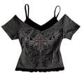 thumbnail image 1 of XIAOCHA Womens Graphic Print Off Shoulder Shirt Layered V Neck Short Sleeve Tees, 1 of 5