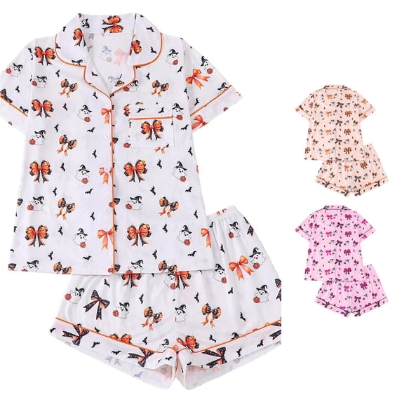 XIAOCHA Womens Halloween Bow Ghost Print Short Pajama Set Elastic Band Oversized Fit Night Sleep Bottoms