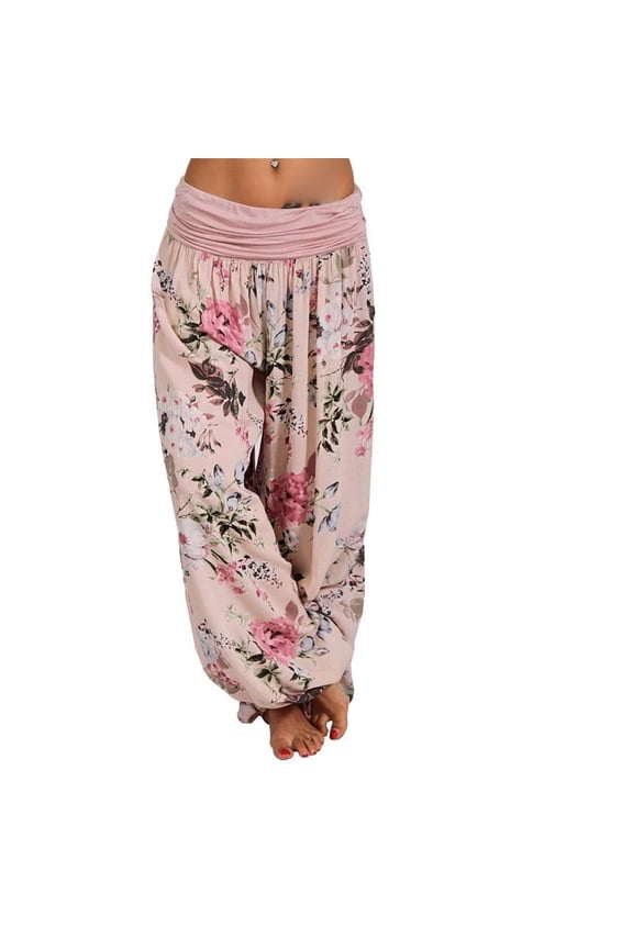 Womens Harem Pants Flowy Printed Wide Leg Harem Pants Boho Style High-Waisted Loose Fit Casual Trousers Vacation Beach