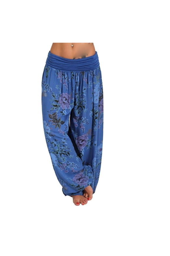 Womens Harem Pants Flowy Printed Wide Leg Harem Pants Boho Style High-Waisted Loose Fit Casual Trousers Vacation Beach