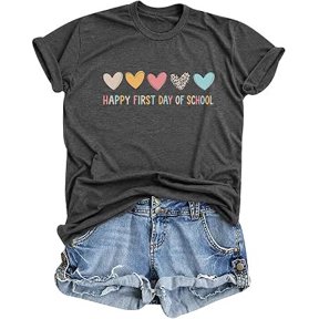 XIAOCHA Womens Heart First Day Of School Print Tees Crew Neck Short Sleeve Casual Loose T-Shirts