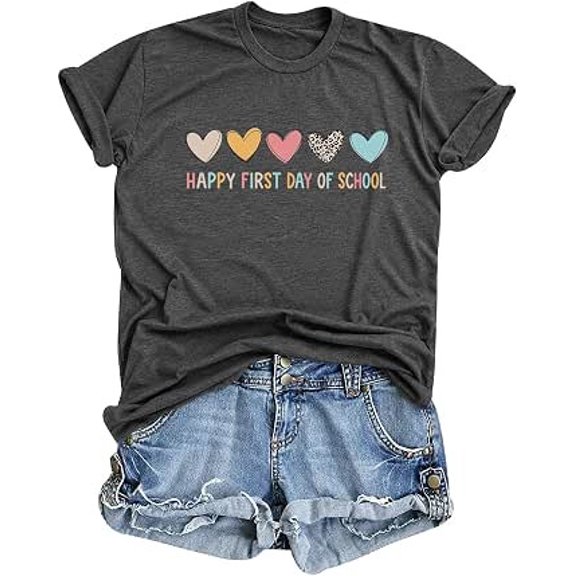 XIAOCHA Womens Heart First Day Of School Print Tees Crew Neck Short Sleeve Casual Loose T-Shirts
