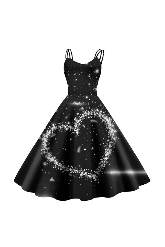 Womens Heart Print Fit Flare Dress Double Spaghetti Strap Flared A-Line Midi Dress Sparkly Romantic Valentine's Day Cocktail Dress