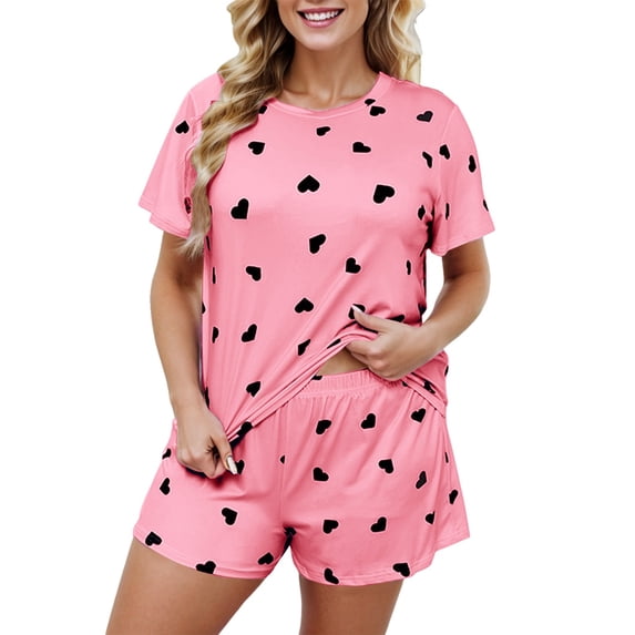 XIAOCHA Womens Heart Print Pajama Set Loose Short Sleeve Crew Neck Sleepwear Soft Romantic Sleep Pajamas Set