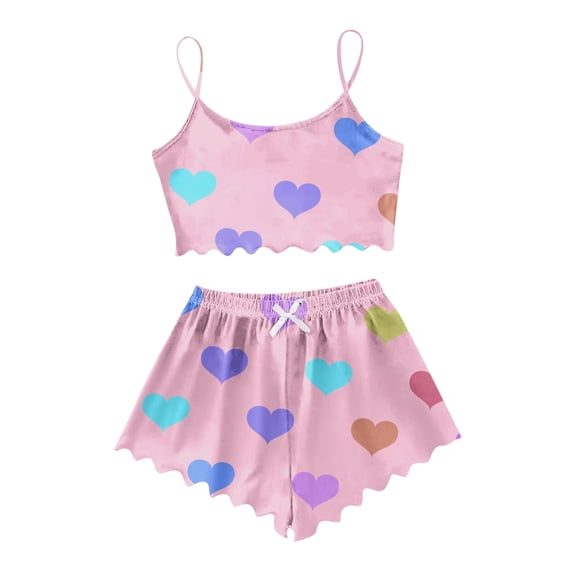 XIAOCHA Womens Heart Print Pajama Set Scalloped Hem Cami Shorts Sleepwear