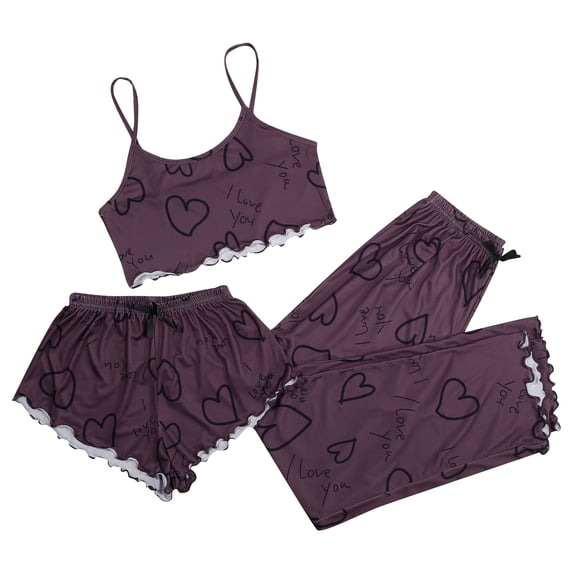 XIAOCHA Womens Heart Print Ruffled Trim 3-Piece Pajama Set Loose Cropped Camisole Sleepwear Soft Romantic Sleep Pajamas Set