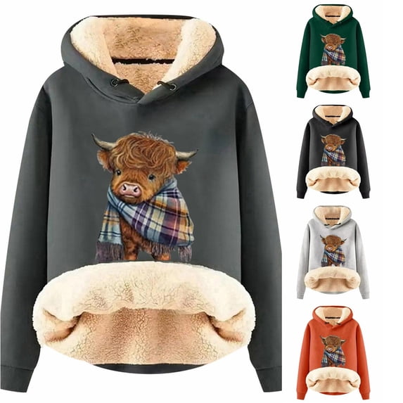 XIAOCHA Womens Highland Cow Animal Print Hoodie Relaxed Fit Fall Daily Long Sleeve Hoodies