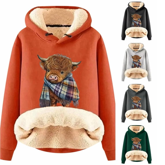 XIAOCHA Womens Highland Cow Animal Print Hoodie Relaxed Fit Fall Daily Long Sleeve Hoodies