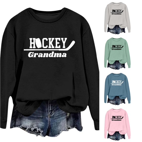 XIAOCHA Womens Hockey Grandma Sport Letter Crew Neck Sweatshirt Ice Hockey Fan Oversized Pullover Top