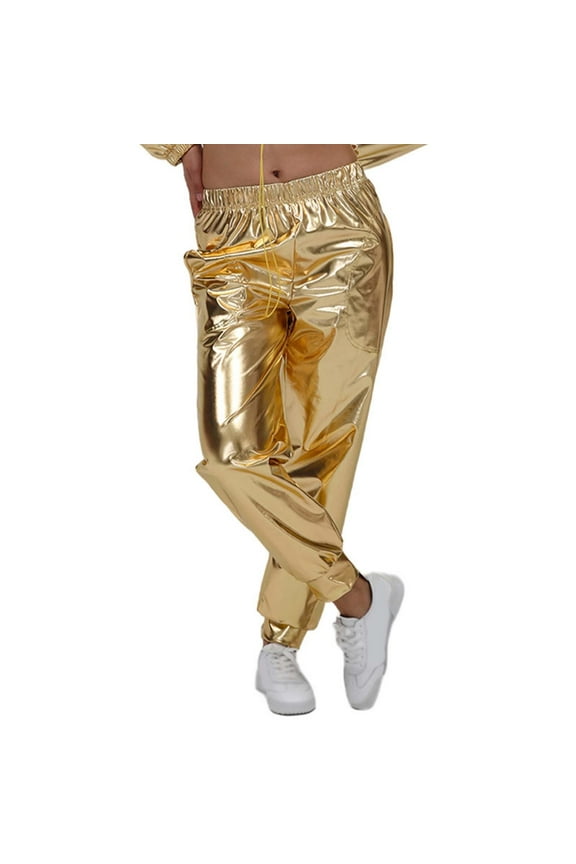 Womens Holographic Metallic Pants Elastic Waist Tapered Leg Pant Lightweight Trendy Party Wear Trousers