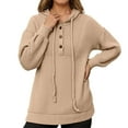 thumbnail image 1 of XIAOCHA Womens Hoodies Button V Neck Long Sleeve Solid Color Ribbed Knit Hooded Sweater Simpel Oversized Pullover Drawstring Top Khaki, 1 of 7