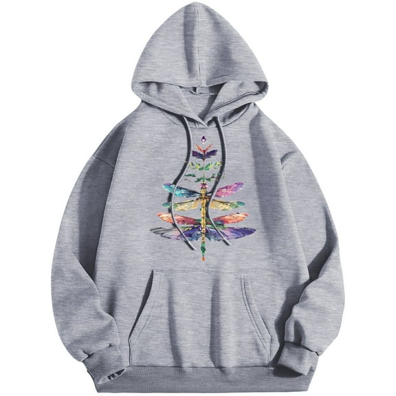 XIAOCHA Womens Hoodies Dragonfly Printed Kangaroo Pocket Drawsting Hoodies Sweatshirt Loose Fit Long Sleeves Oversized Pullover Hoode Daily Wear