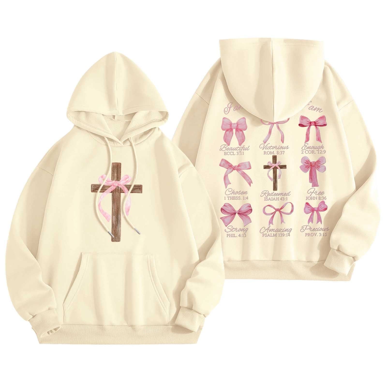 XIAOCHA Womens Hoodies Long Sleeve Cross Pink Bows Print Hooded Sweatshirts Loose Fit Kangaroo Pocket Drawstring Pullover Hooded