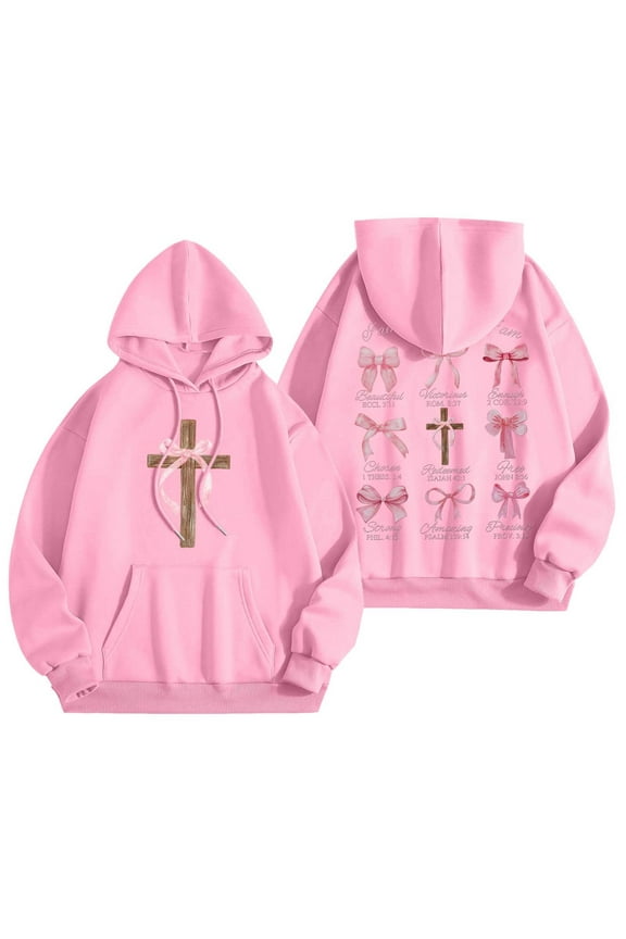 Womens Hoodies Long Sleeve Cross Pink Bows Print Hooded Sweatshirts Loose Fit Kangaroo Pocket Drawstring Pullover Hooded